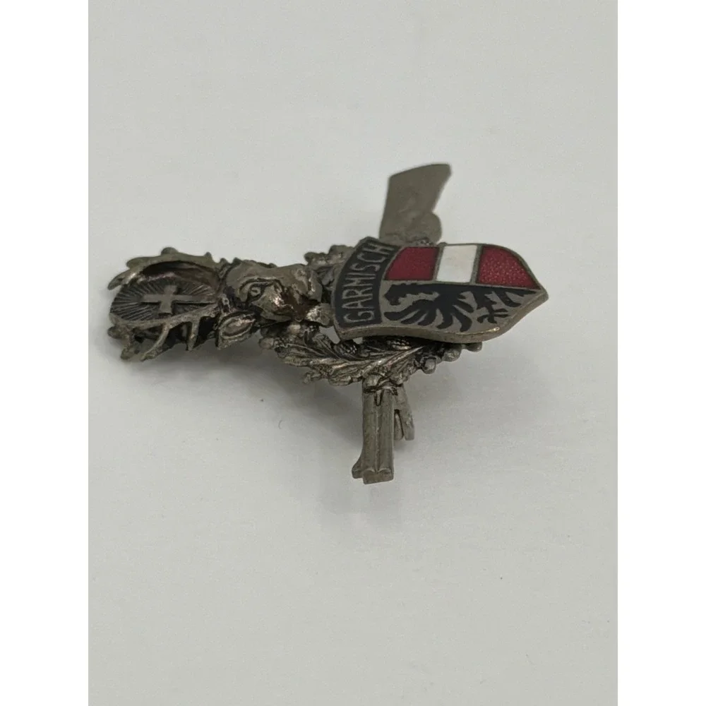 Vintage Garmisch Saint Hubertus‎ Stag Hat Pin Rifle Enamel Crest Alpine Brooch